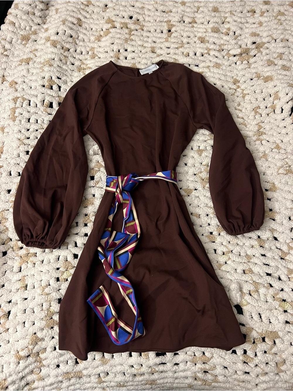 Women’s deep purple Long-Sleeve Mini Dress with Decorative Geometric Bell